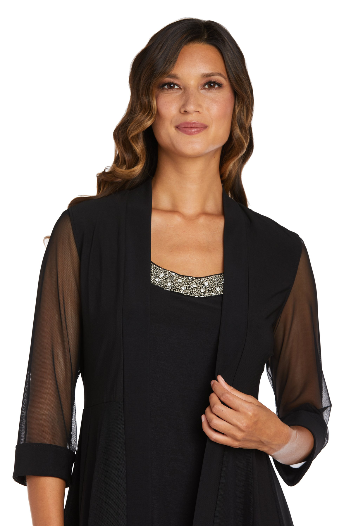Two-Piece Dress with Beaded Neckline and Jacket with Sheer Sleeves C20978