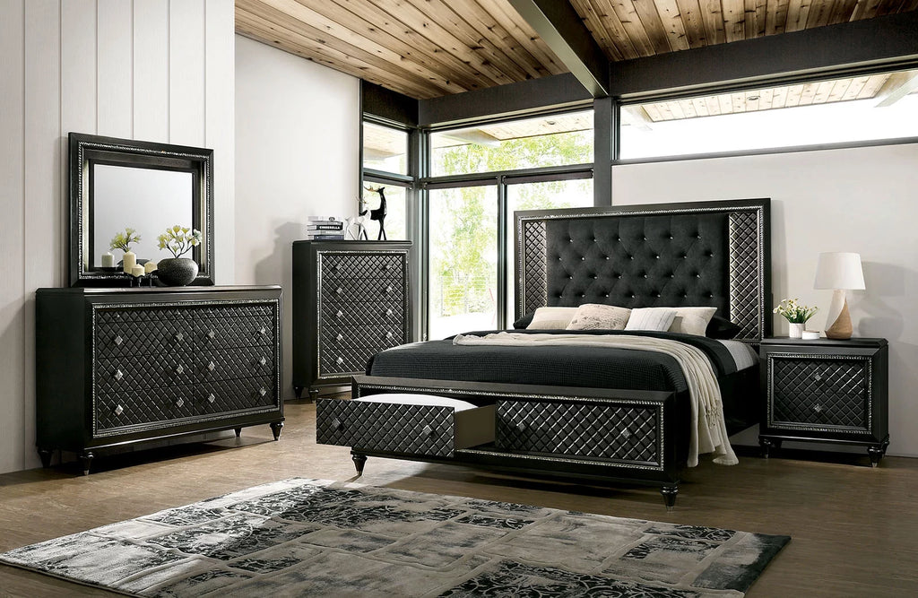 California King Size Bed 2 Nightstands Metallic Gray Solid Wood Black Fabric Tufted Q60689