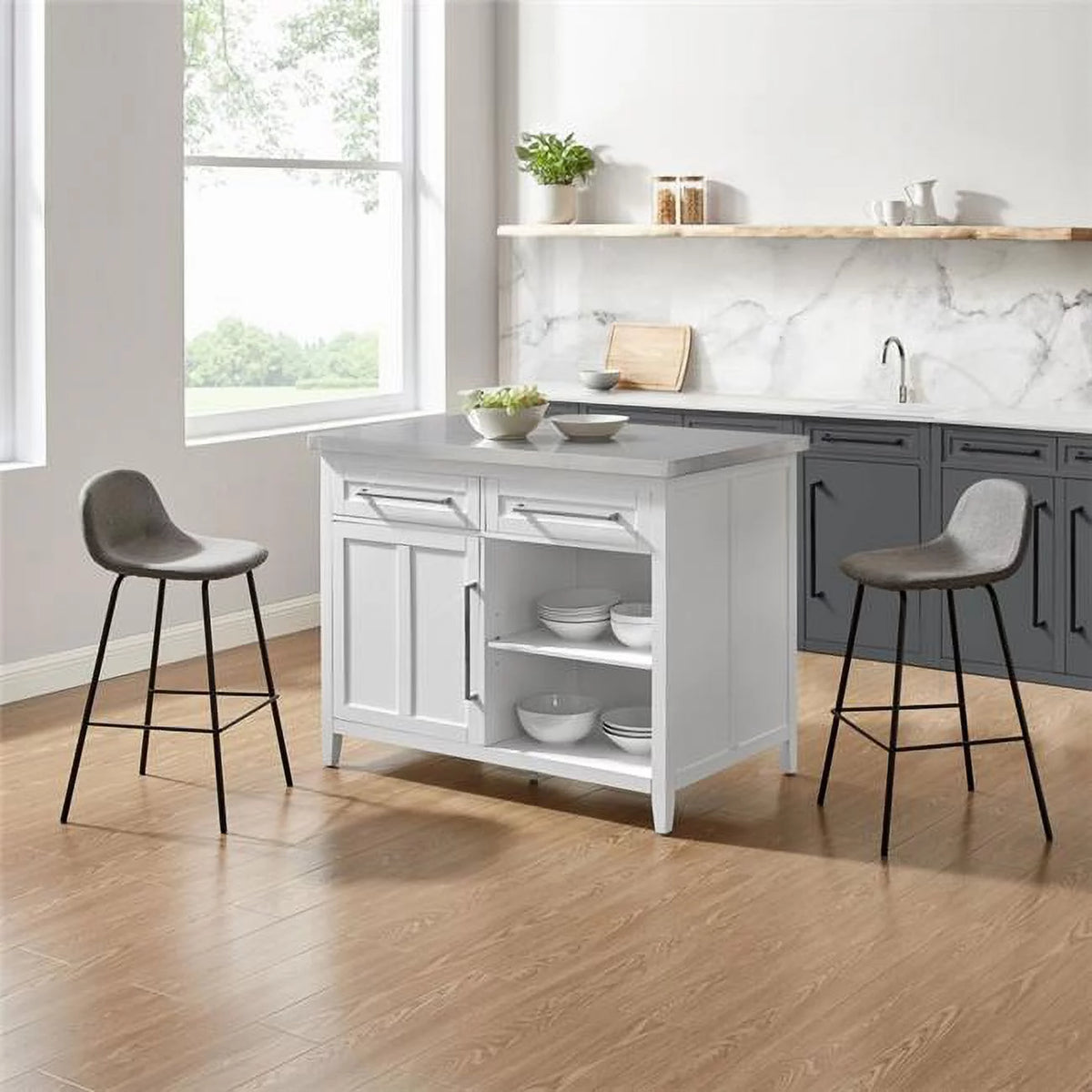 White Stainless Steel Top Kitchen Island with Stools B8342