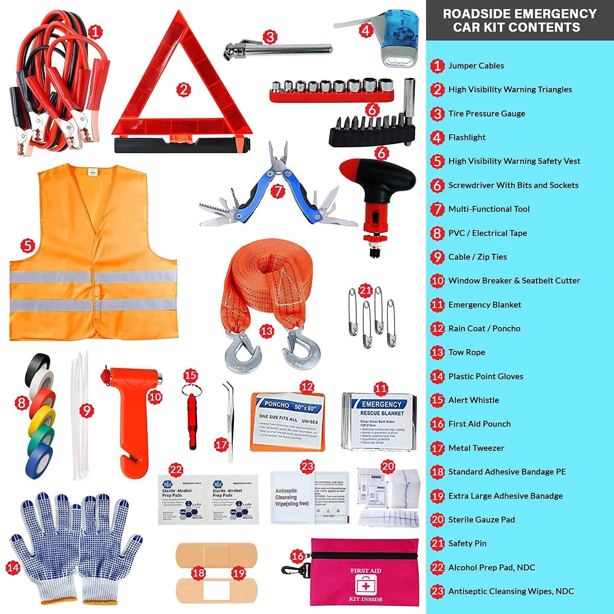 43 Piece Car Emergency Roadside Assistance Kit First Aid Kit Jumper Cables Tow Strap F2957