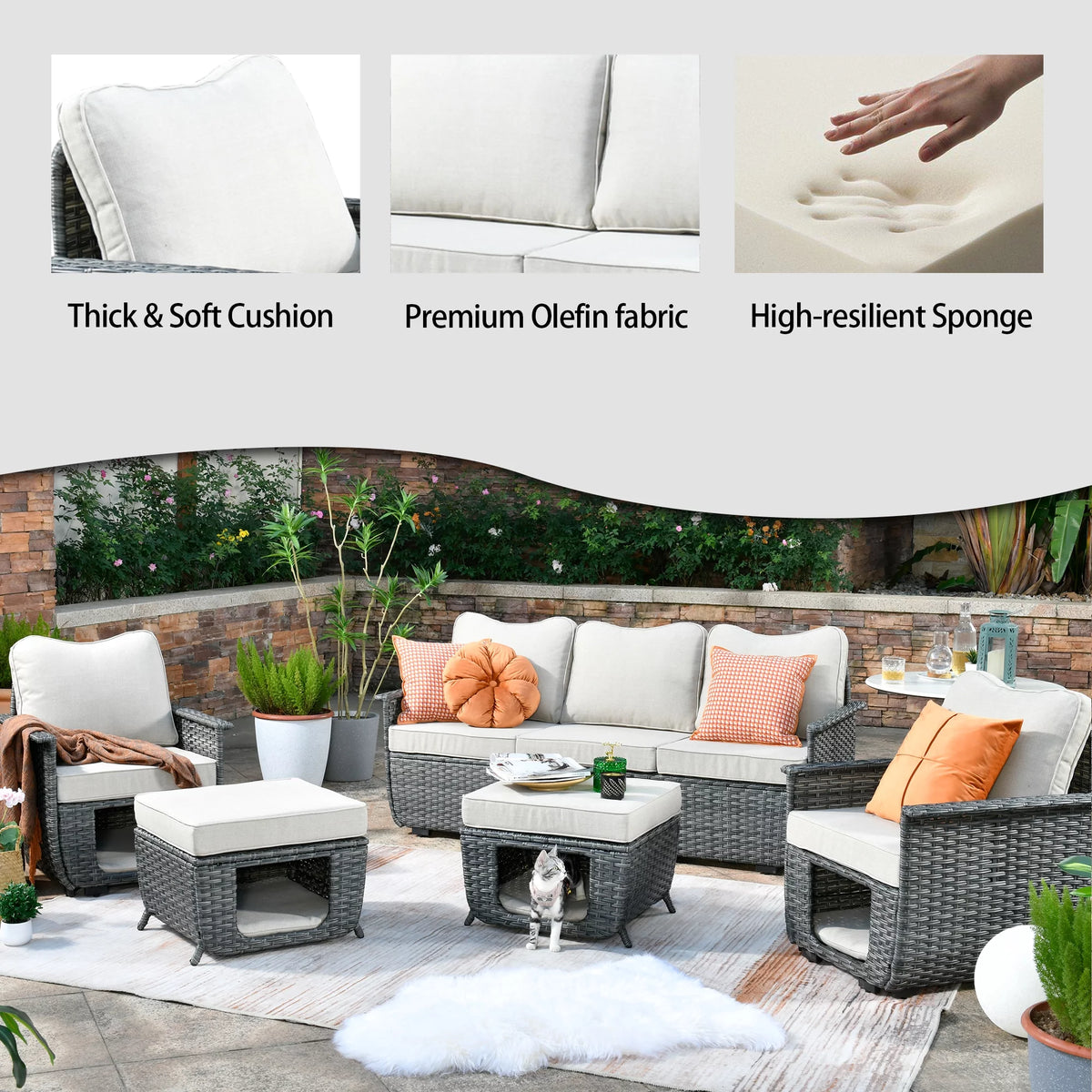5 Pieces All Weather Wicker Sectional Sofa Set with Storage Box T606169
