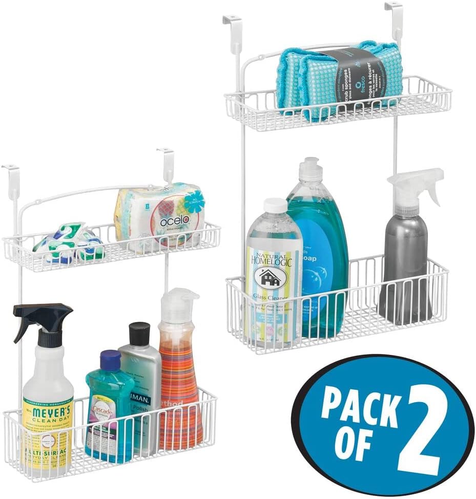 Metal Over Cabinet Kitchen Storage Organizer Basket, 2 Pack, Matte White O5434
