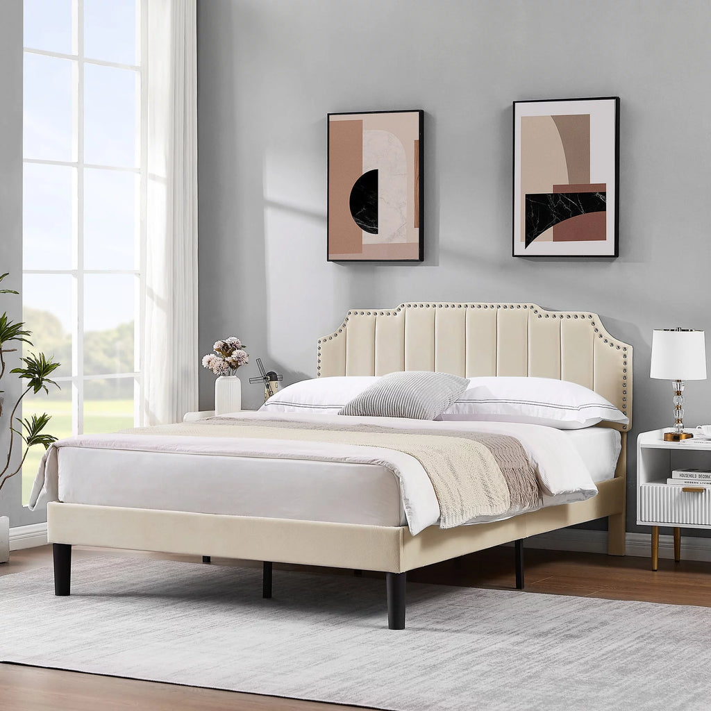 Queen Size Upholstered Platform Bed Frame with Nailhead Trim X55758