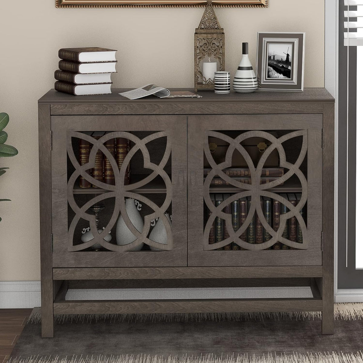 Navy Blue Wood Accent Buffet Sideboard with Doors and Adjustable Shelf O669
