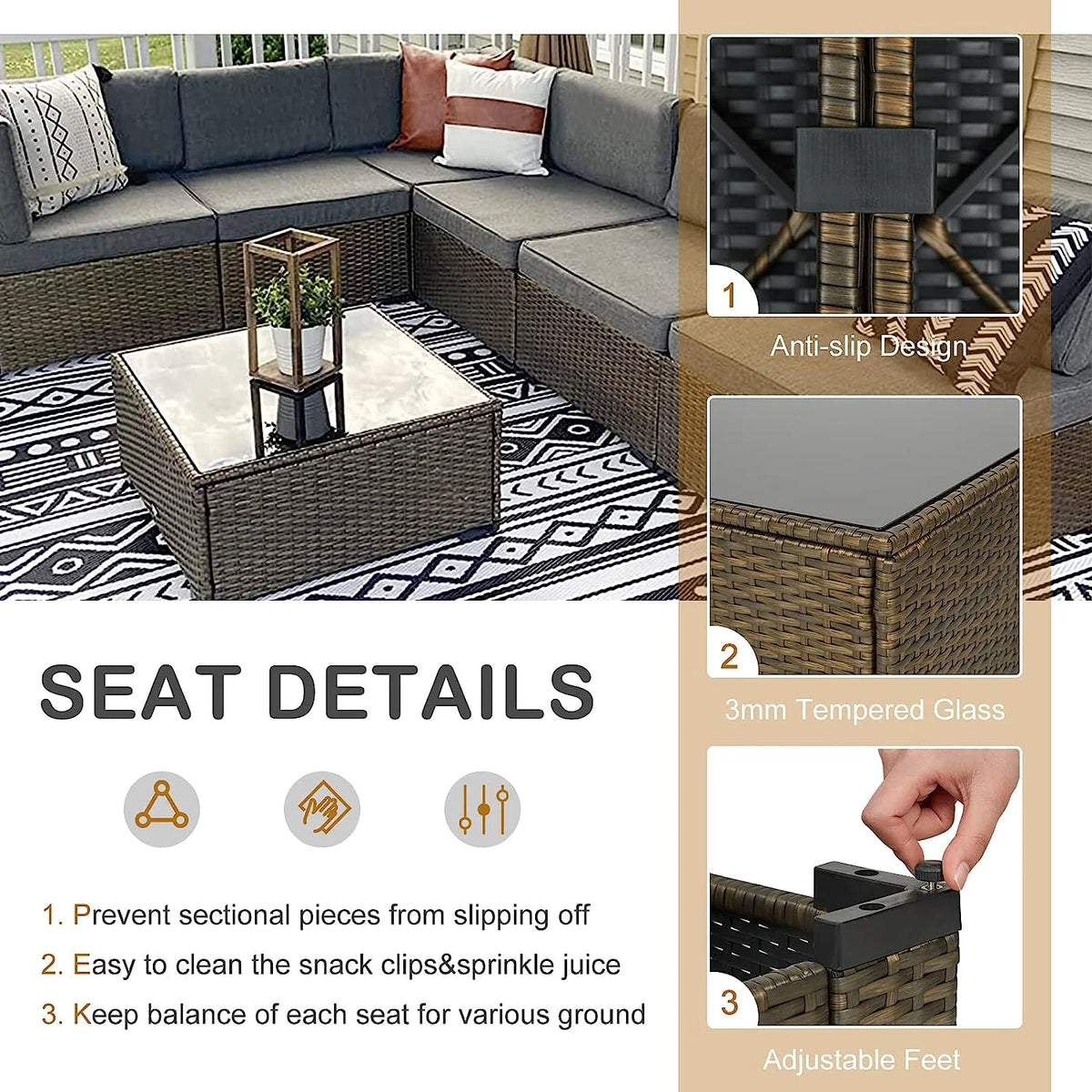 Gray Pe Wicker Rattan Patio Sofa Set E60777