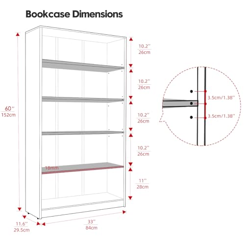 5 Shelf Wooden Bookcase, 60 Inch Height, Cherry R2039