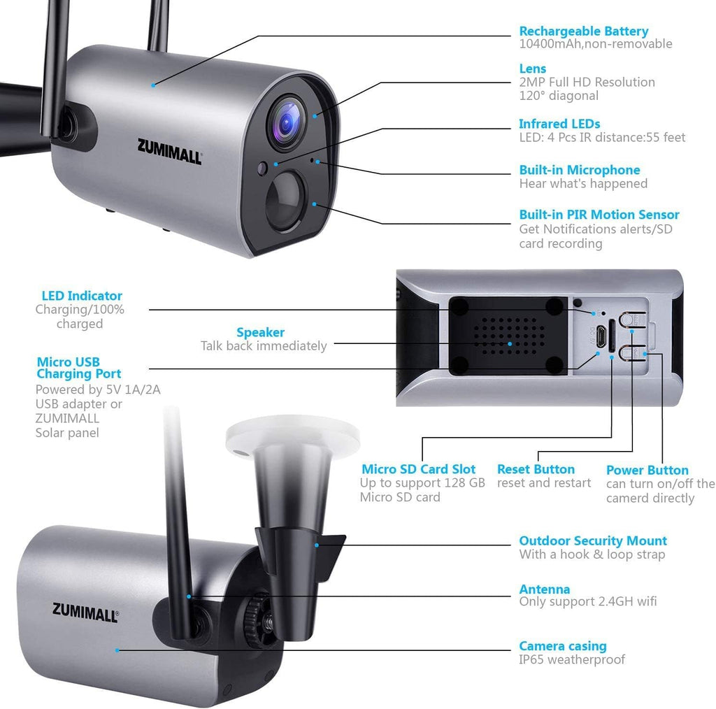 Wireless Outdoor WiFi Security Camera, Rechargeable Battery Powered, PIR Motion Detection, Two Way Audio, Night Vision, Waterproof, 2PCS E156315