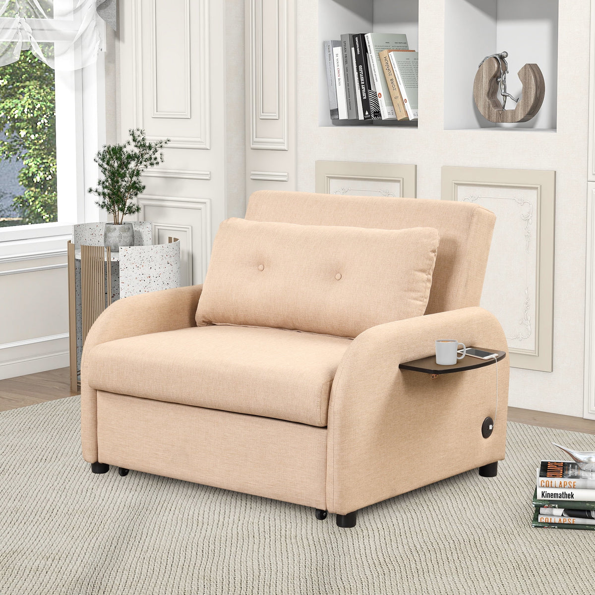 Beige 3 in 1 Pull Out Sofa Sleeper with USB Charge F433