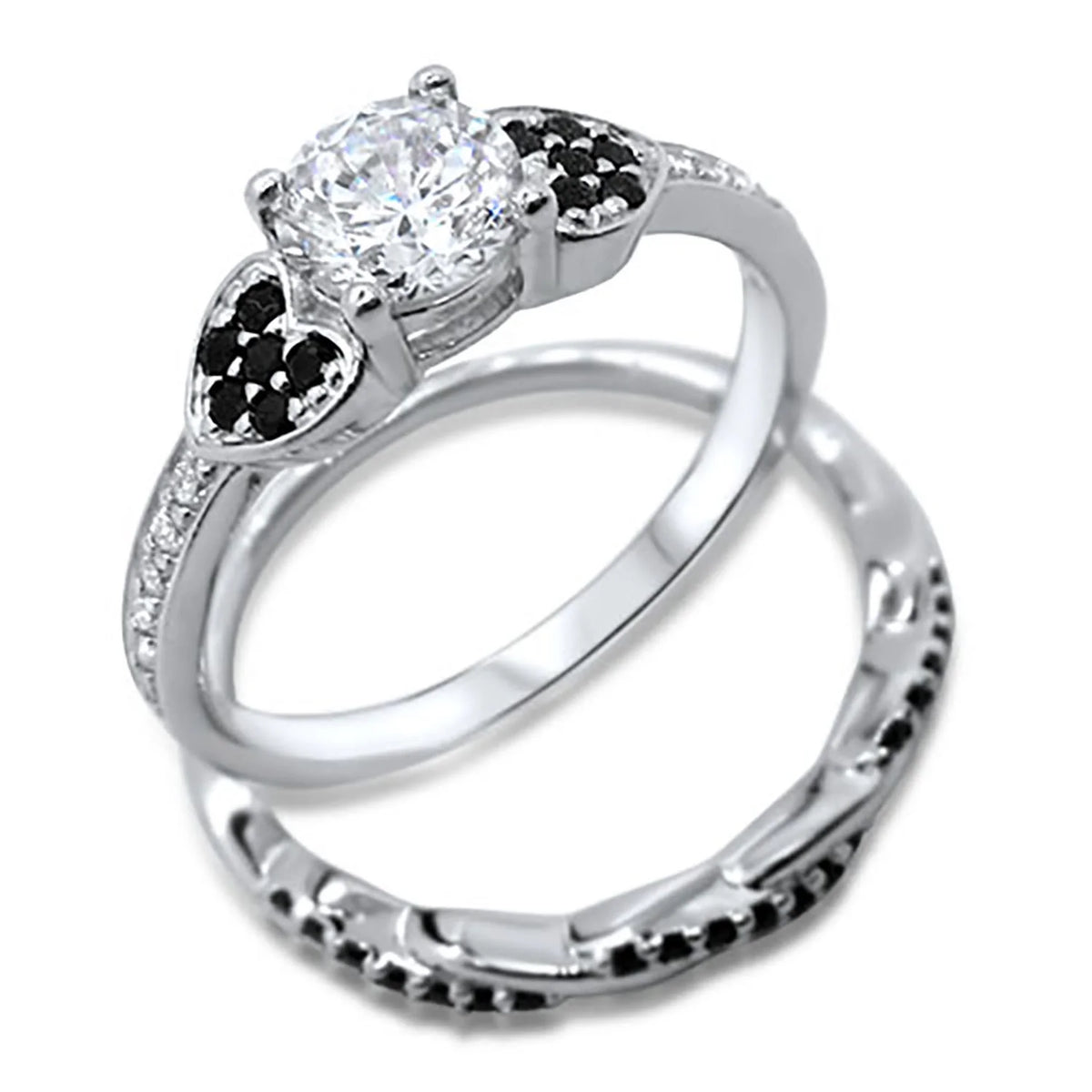 3 Piece Sterling Silver Black Titanium Wedding Band Engagement Ring Set A775980