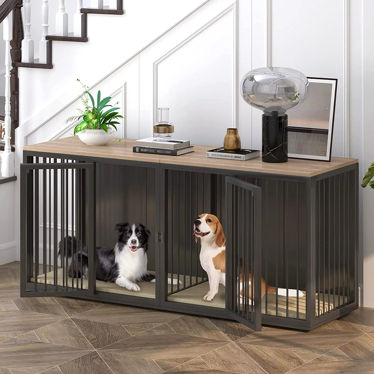Black Large 2 Dog Steel Frame Wooden Top Crate Furniture C250614