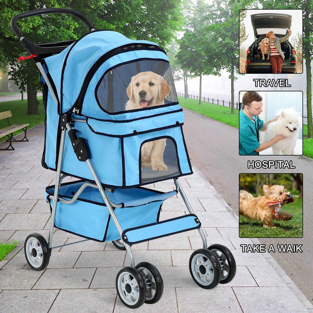 4 Wheels Foldable Pet Stroller with Cup Holders & Storage Basket J234824