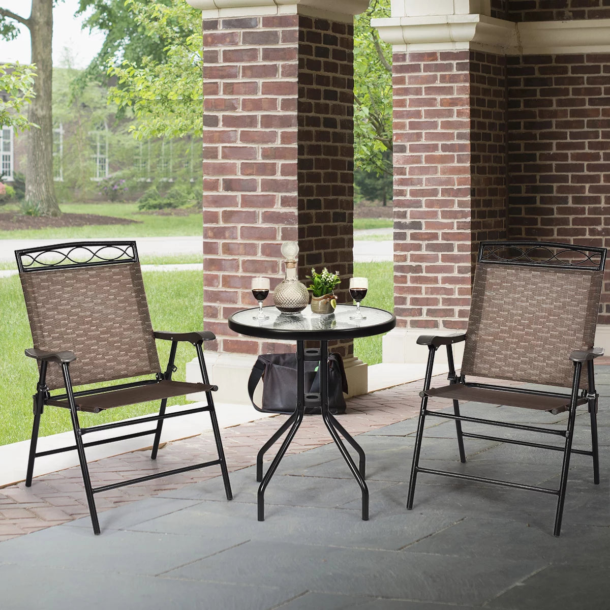 3 PCS Bistro Patio Dining Set with 2 Folding Chairs & Glass Table L5326