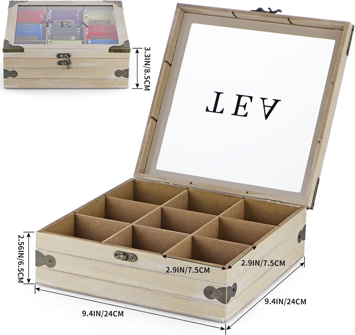 Wood Tea Box Organizer with Glass Lid, 9 Compartments L2913