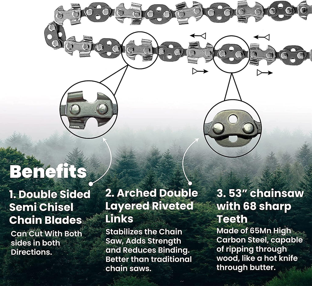 53" Rope Saw Chain with 68 Sharp Teeth & 100 Feet Rope Kit, Pack of 2 C349650