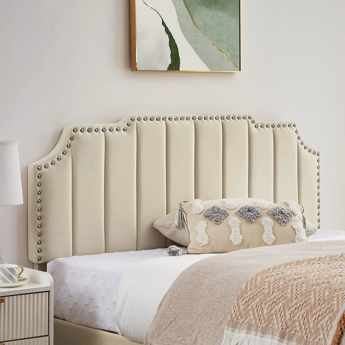 Queen Size Upholstered Platform Bed Frame with Nailhead Trim X55758