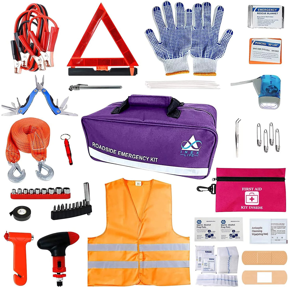43 Piece Car Emergency Roadside Assistance Kit First Aid Kit Jumper Cables Tow Strap F2957