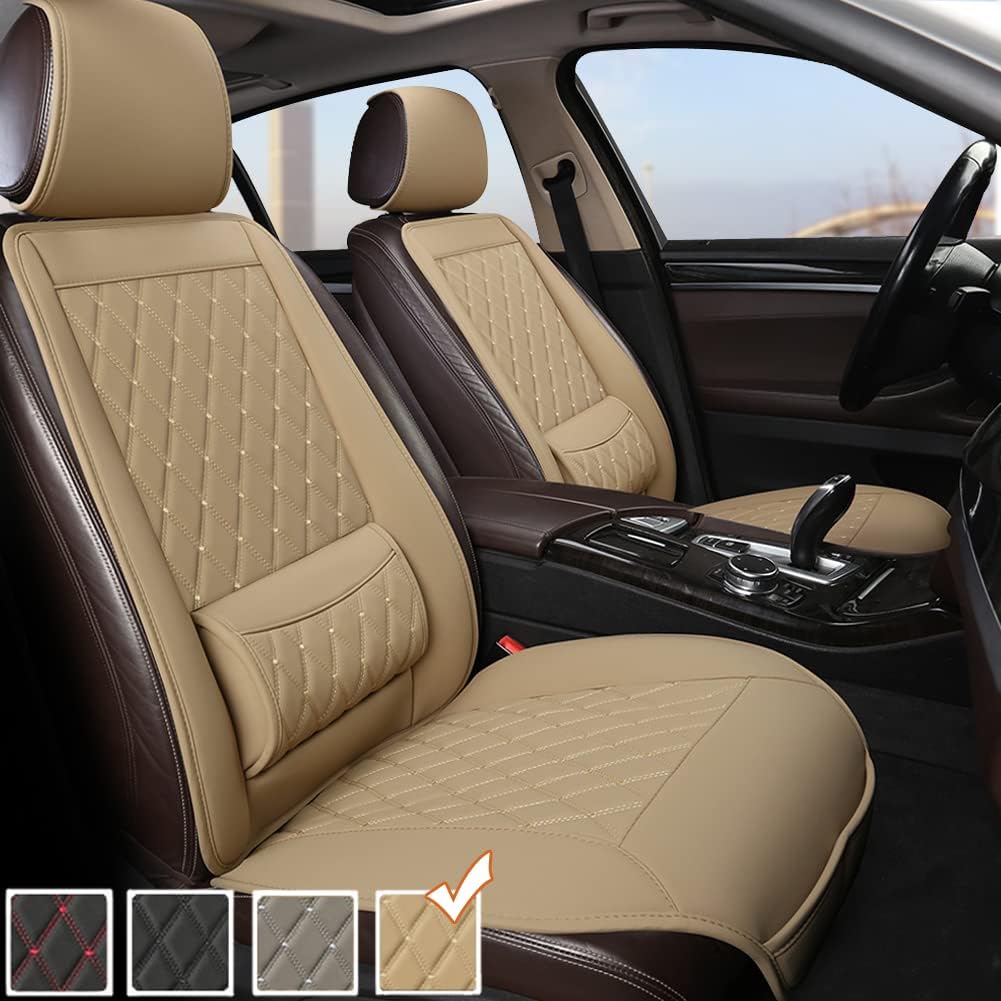 Beige PU Leather Car Seat Covers with Lumbar Support L91475