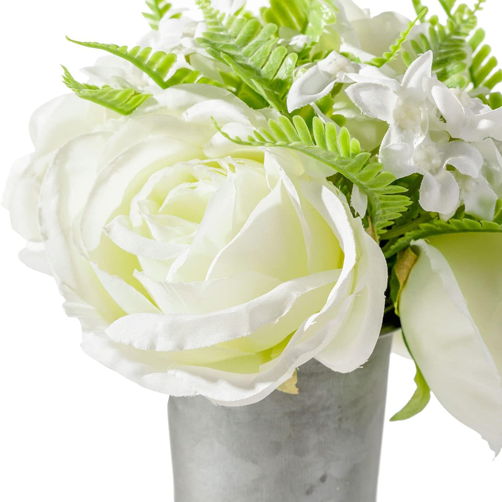 8 Inch Galvanized Metal Decorative Flower Vase with Faux Floral Bouquet, Artificial White Roses O80125