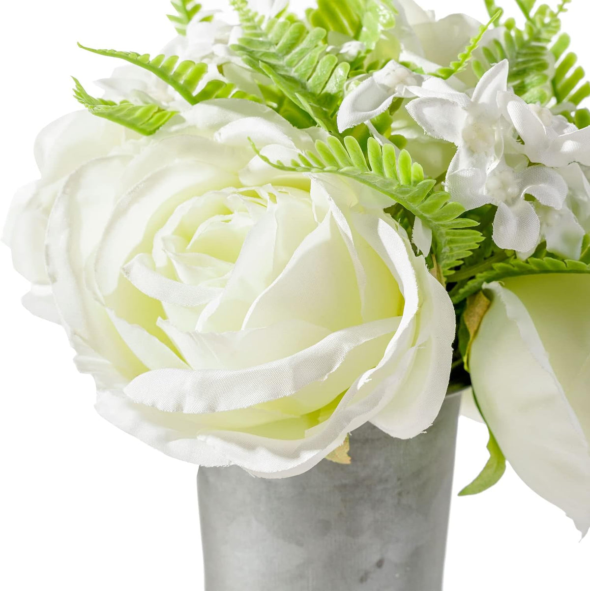 8 Inch Galvanized Metal Decorative Flower Vase with Faux Floral Bouquet, Artificial White Roses O80125