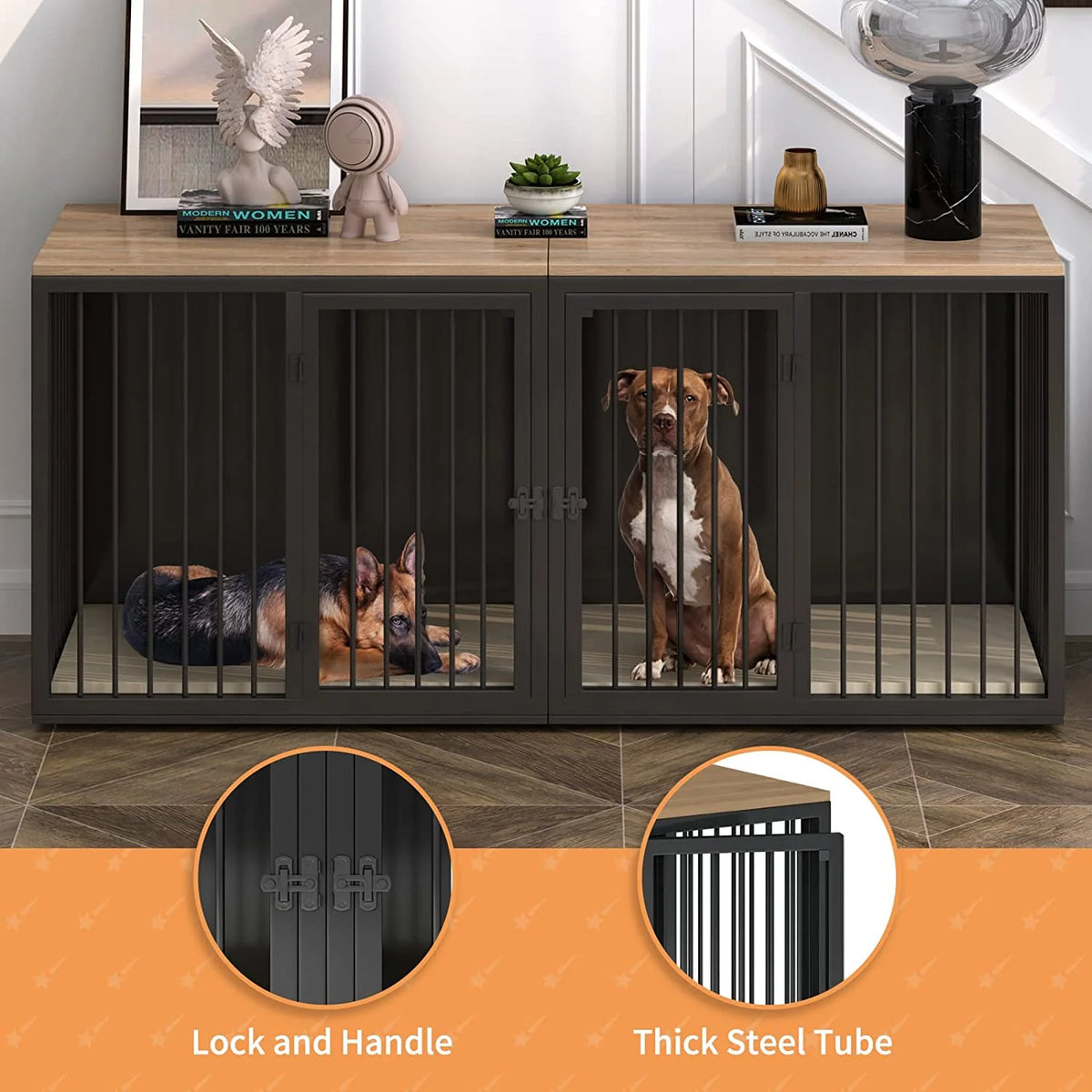 Black Large 2 Dog Steel Frame Wooden Top Crate Furniture C250614