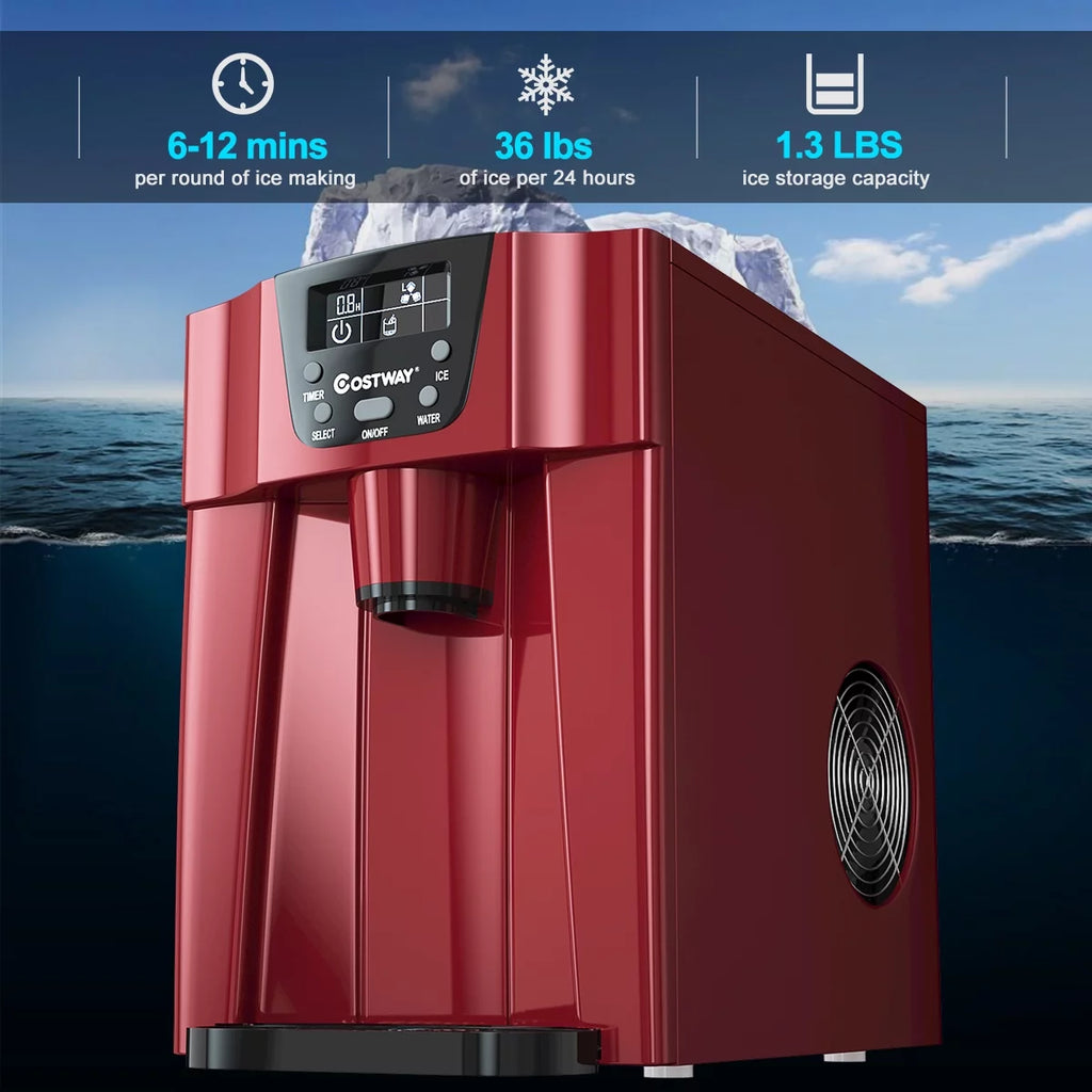 2 In 1 Ice Maker Water Dispenser Countertop 36Lbs/24H Portable Red D841391