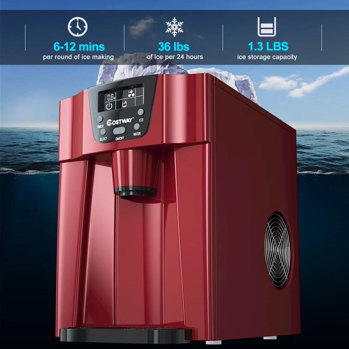 2 In 1 Ice Maker Water Dispenser Countertop 36Lbs/24H Portable Red D841391
