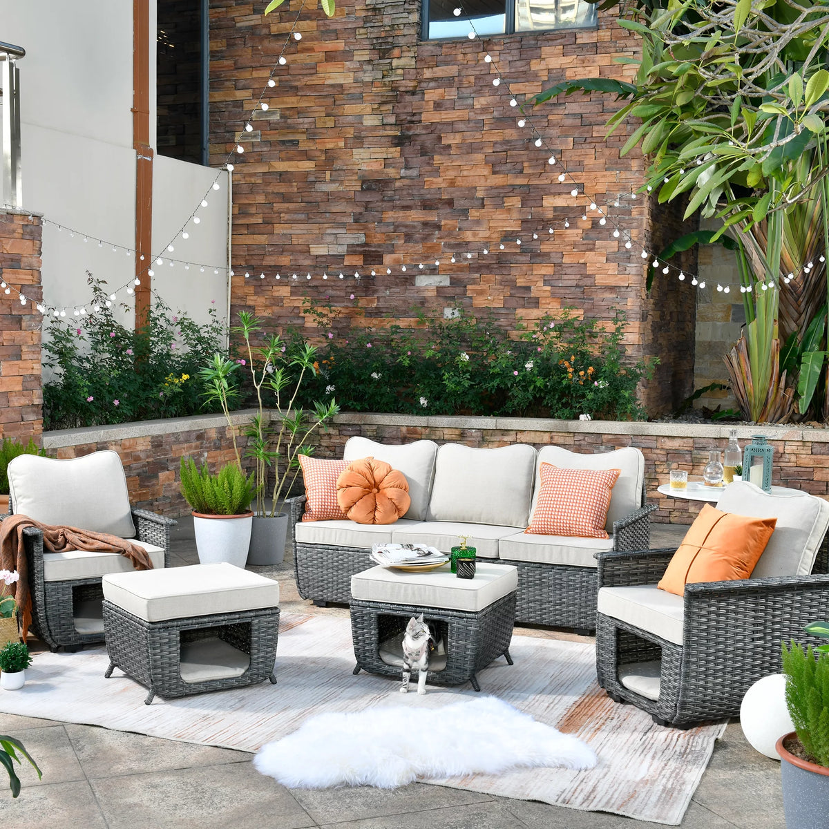 5 Pieces All Weather Wicker Sectional Sofa Set with Storage Box T606169