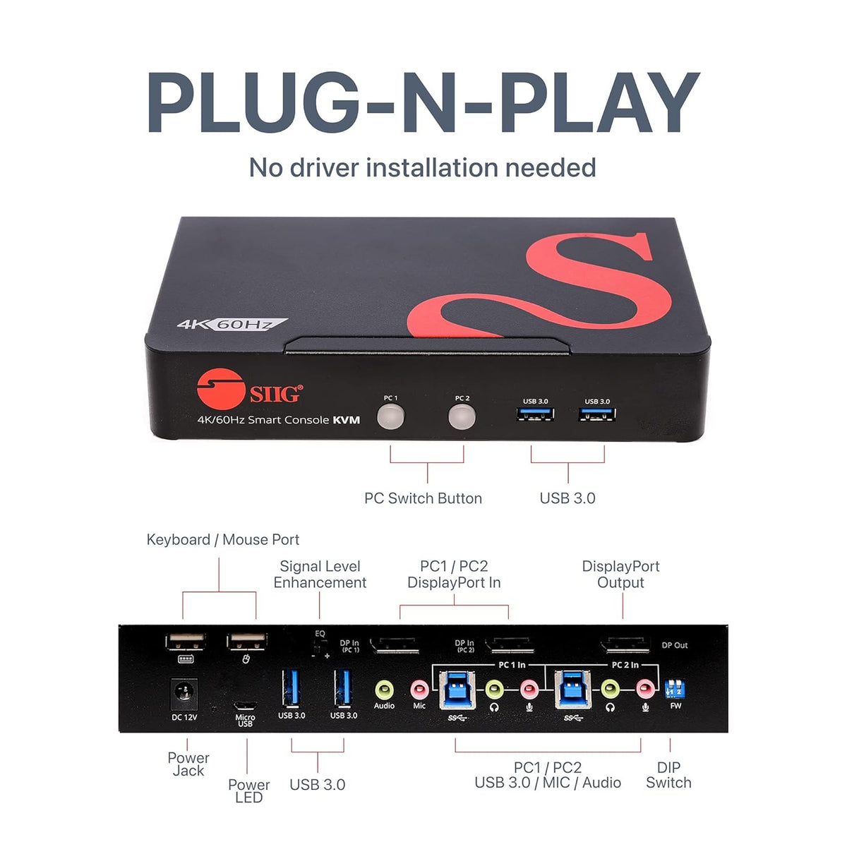 4K DisplayPort KVM Switch with Audio and Microphone, USB 3.0 x4, USB 2.0 x2, Cables Included, Metal Housing R852387