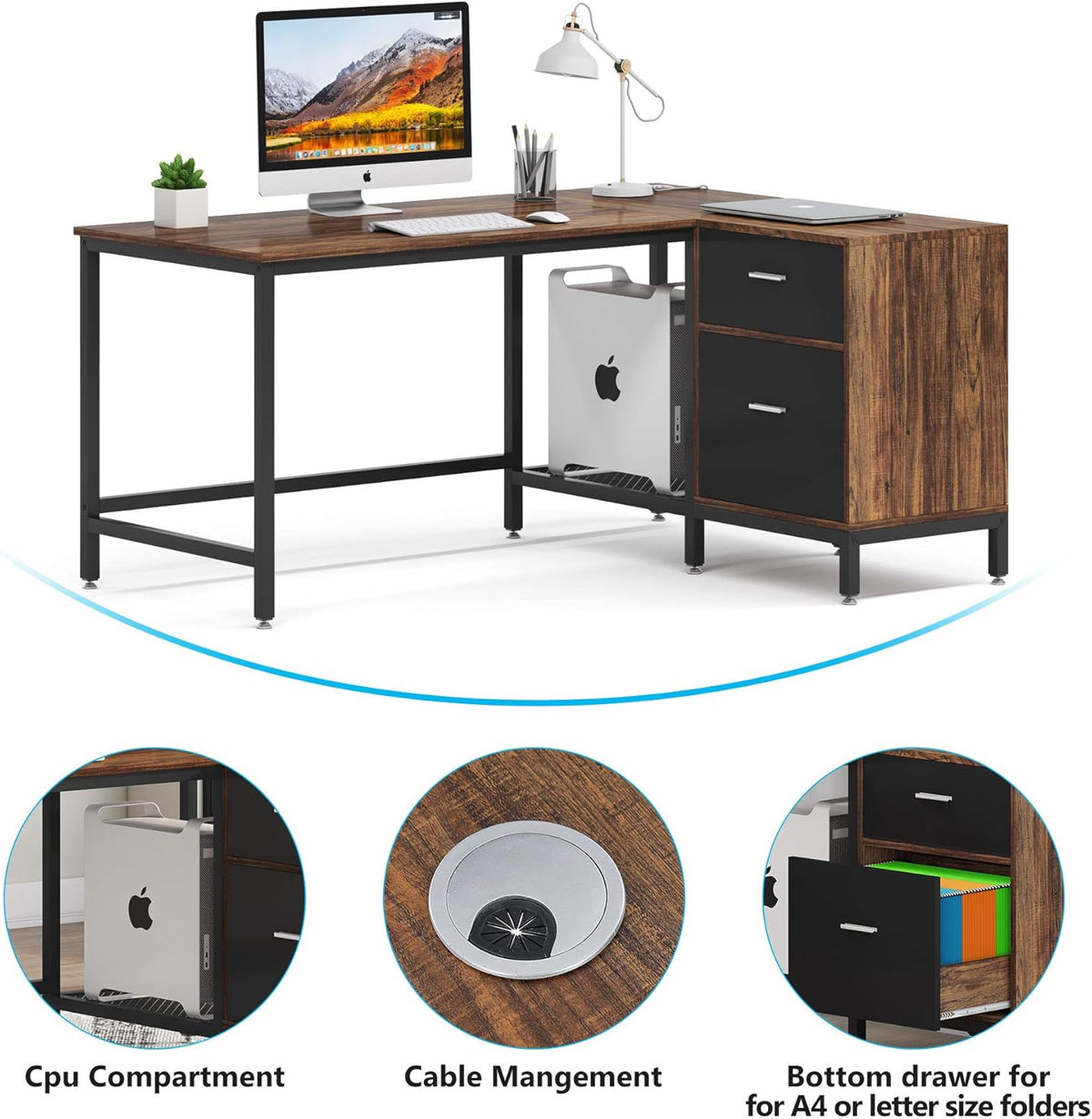 Rustic Industrial L Shaped Desk with Storage Drawer, 55 Inch Wood and Metal Study Corner Desk with Shelves and Hanging File Cabinet K627526