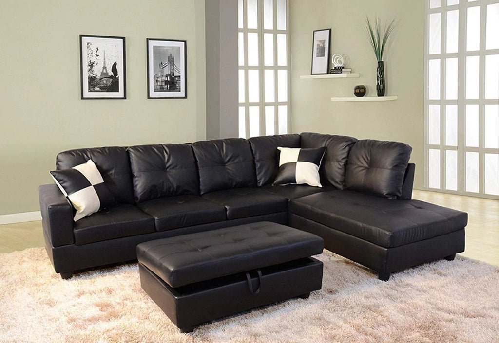 L-Shape Faux Leather Sectional Sofa with Chaise and Ottoman C9390