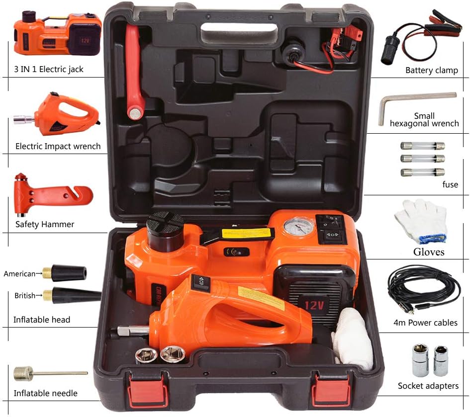 12V DC Electric Hydraulic Floor Jack and Tire Inflator Pump and LED Flashlight 3 in 1 Set with Electric Impact Wrench Car Repair Tool Kit R14023