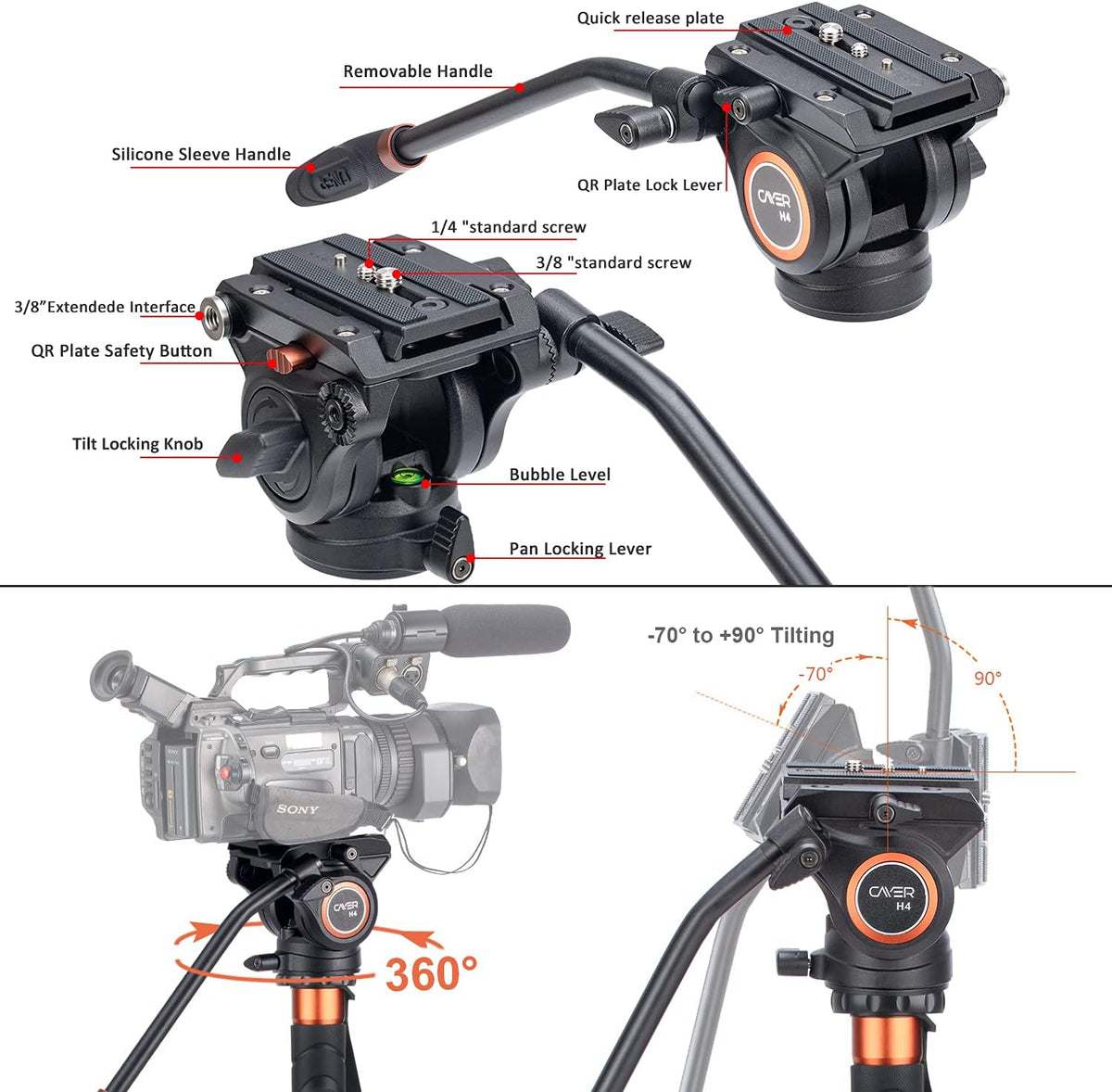 Lightweight Aluminum 71 inch Camera Monopod with Pan Tilt Fluid Head and Tripod Base I99790