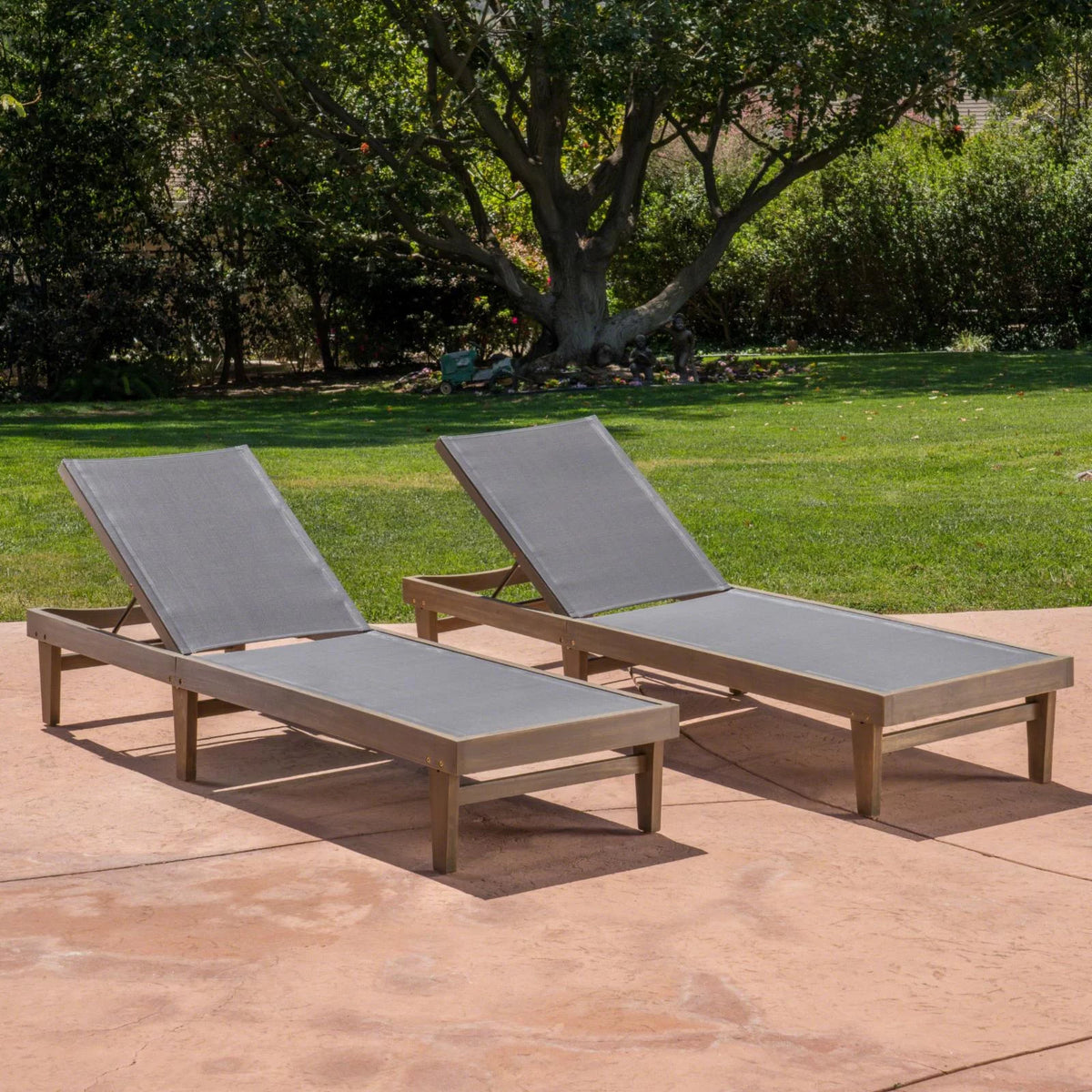 Outdoor Mesh and Wood Chaise Lounge Set of 2 Dark Grey F797176