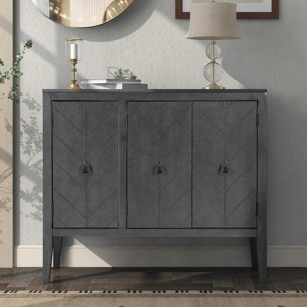 Navy Blue Wood Accent Buffet Sideboard with Doors and Adjustable Shelf O669