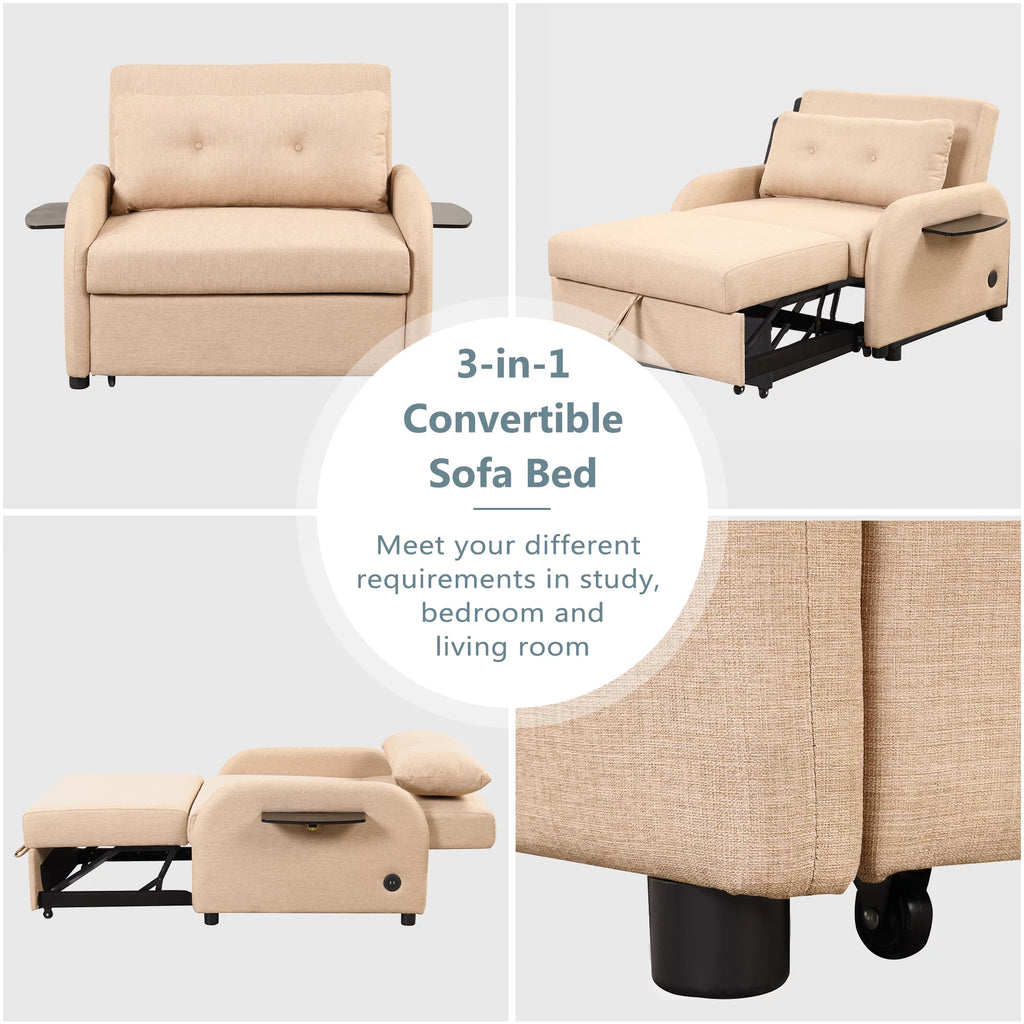 Beige 3 in 1 Pull Out Sofa Sleeper with USB Charge F433