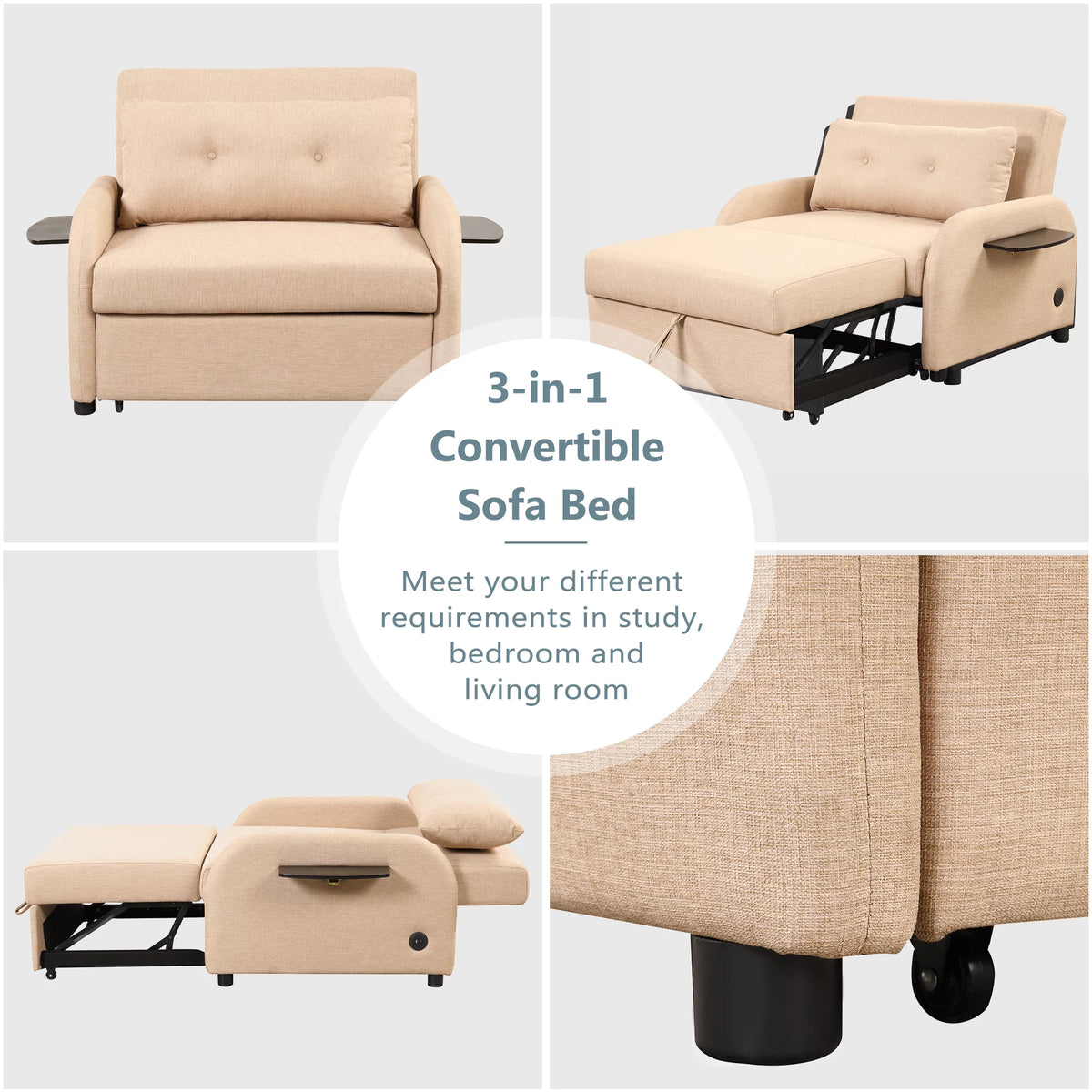 Beige 3 in 1 Pull Out Sofa Sleeper with USB Charge F433