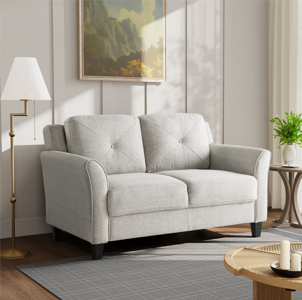 Beige Fabric Loveseat with Curved Arms E36194