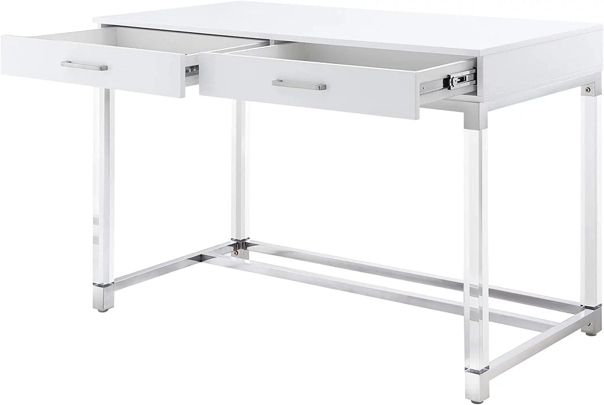 High Gloss 2 Drawers Writing Desk with Acrylic Legs and Chrome Stainless Steel Base White/Chrome U919