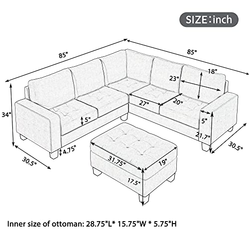 Light Grey L-Shape Sectional Sofa with Storage Ottoman S5152