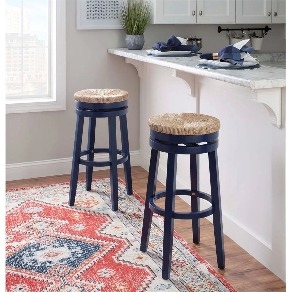Navy Blue Wood Swivel Barstool V176193
