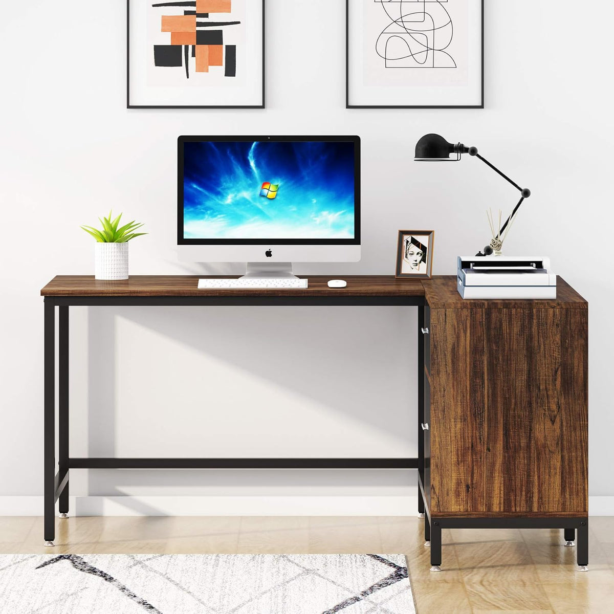 Rustic Industrial L Shaped Desk with Storage Drawer, 55 Inch Wood and Metal Study Corner Desk with Shelves and Hanging File Cabinet K627526