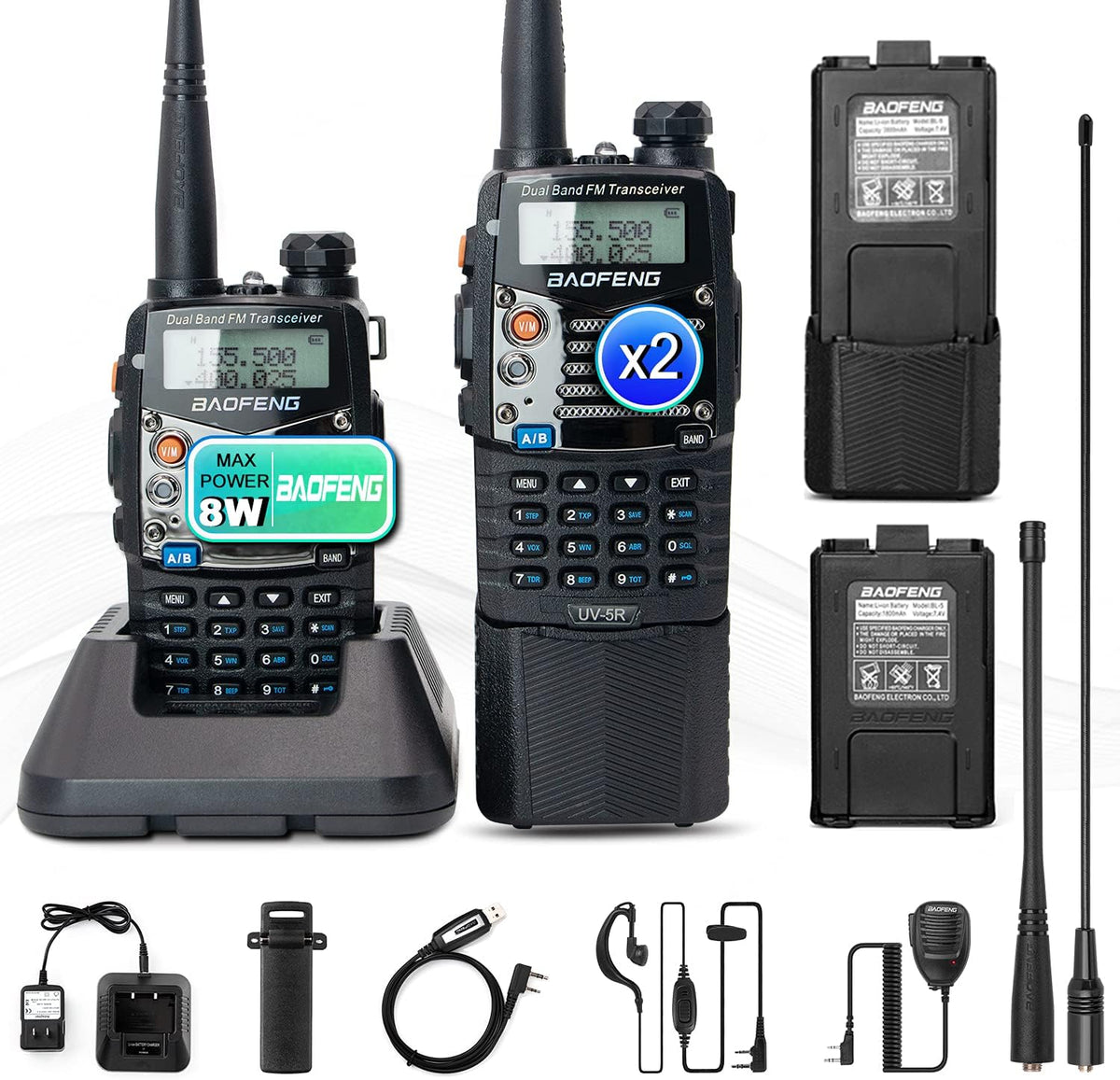 Ham Radio Handheld Walkie Talkies UHF VHF Dual Band 2-Way Radio Full Kit with Extra 3800mAh Battery, Earpiece and Programming Cable Pack of 2 O392