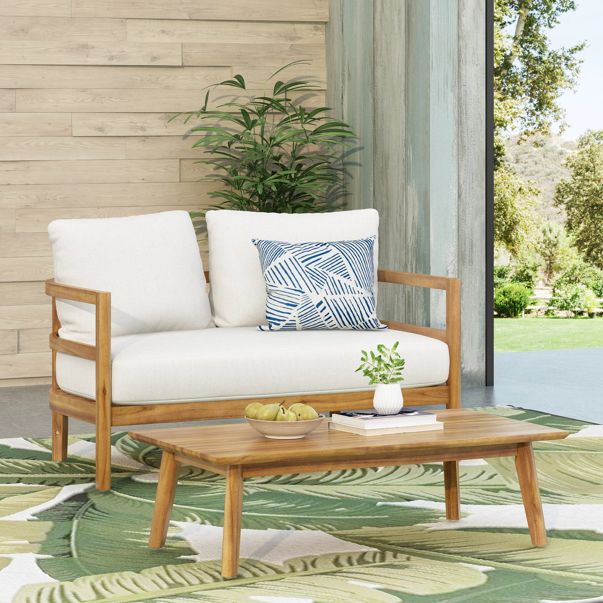 Acacia Wood Loveseat and Coffee Table Set with Cushions N8958
