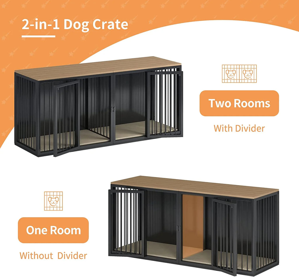 Black Large 2 Dog Steel Frame Wooden Top Crate Furniture C250614