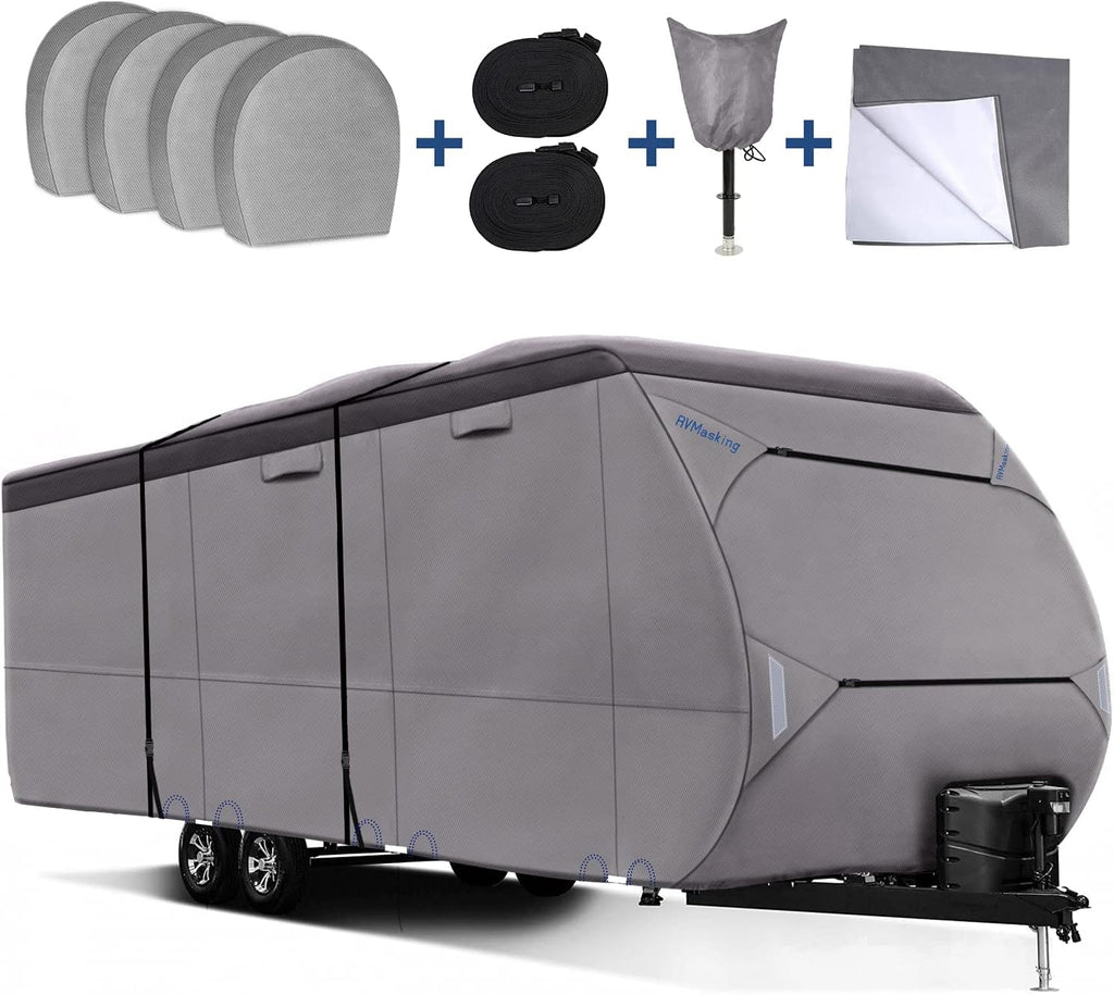Upgraded Waterproof 500D Travel Trailer Cover with 4 Tire Covers, Tongue Jack Cover I8533
