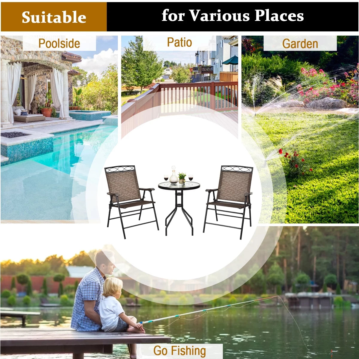 3 PCS Bistro Patio Dining Set with 2 Folding Chairs & Glass Table L5326