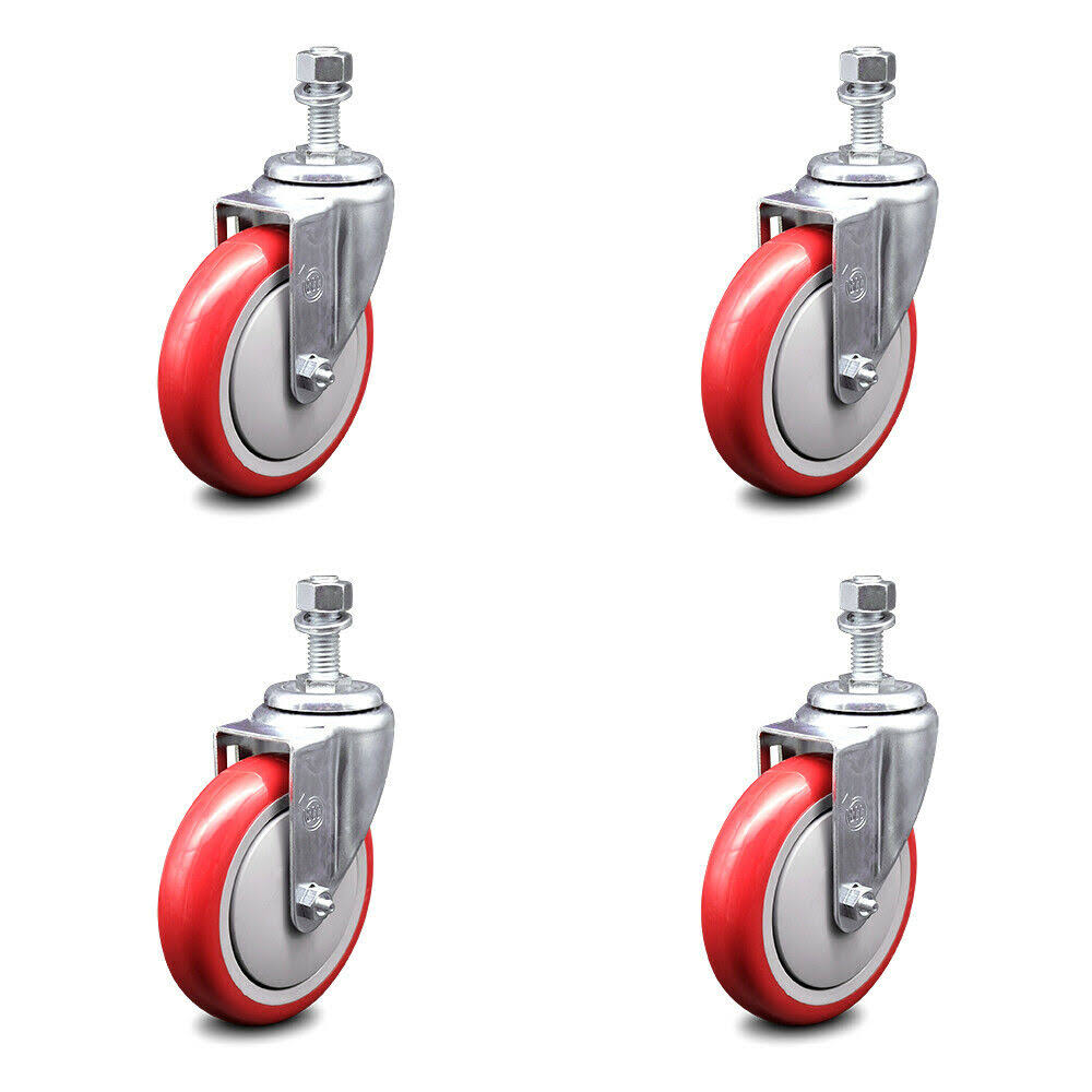 Red Poly Swivel Caster Set of 4 with 5x22 Wheels and 12mm Stem R2546