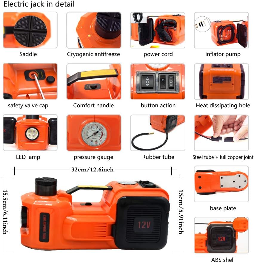 12V DC Electric Hydraulic Floor Jack and Tire Inflator Pump and LED Flashlight 3 in 1 Set with Electric Impact Wrench Car Repair Tool Kit R14023