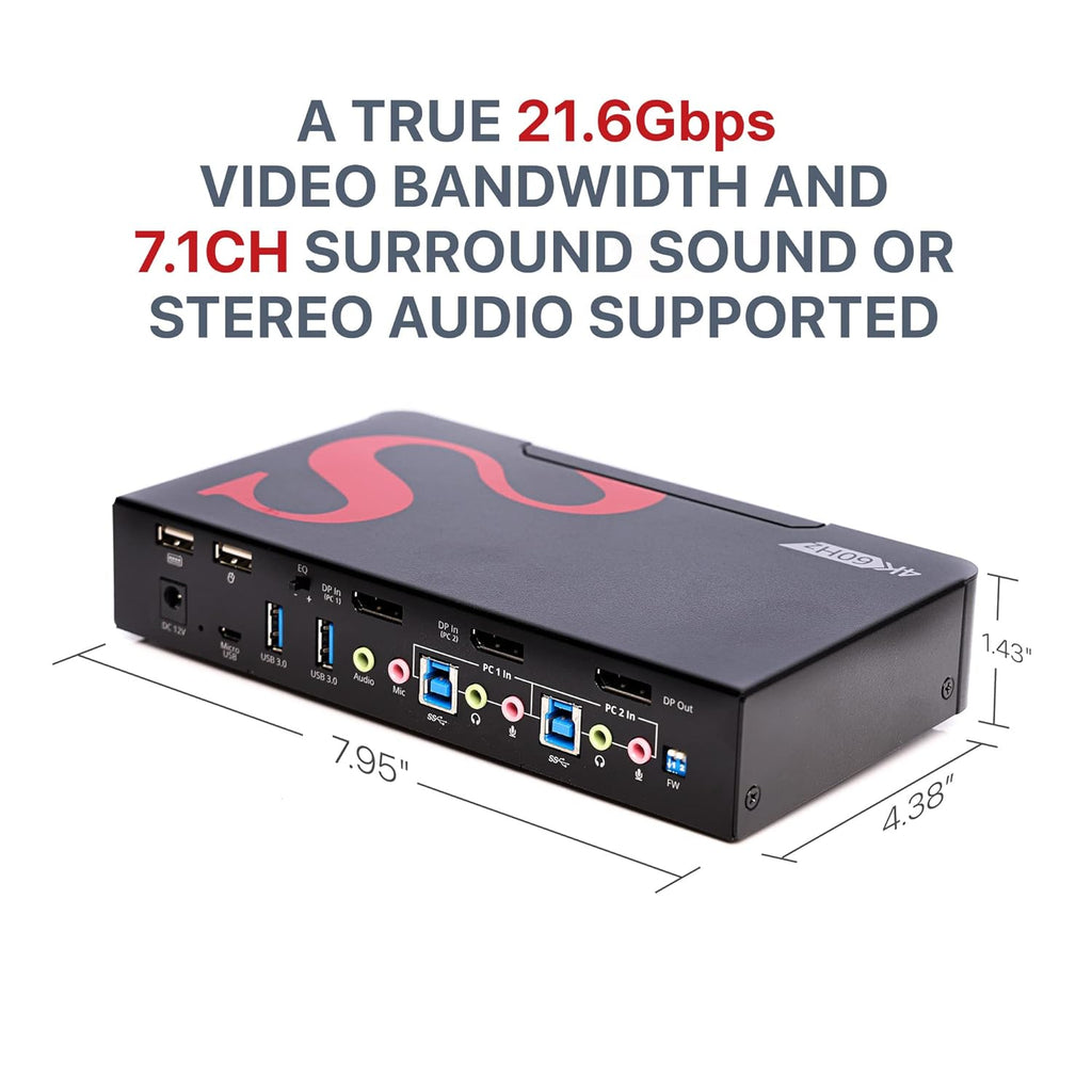 4K DisplayPort KVM Switch with Audio and Microphone, USB 3.0 x4, USB 2.0 x2, Cables Included, Metal Housing R852387