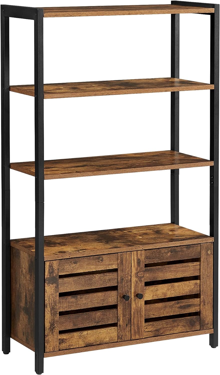 Rustic Brown Bookshelf with 3 Shelves and 2 Doors T8247